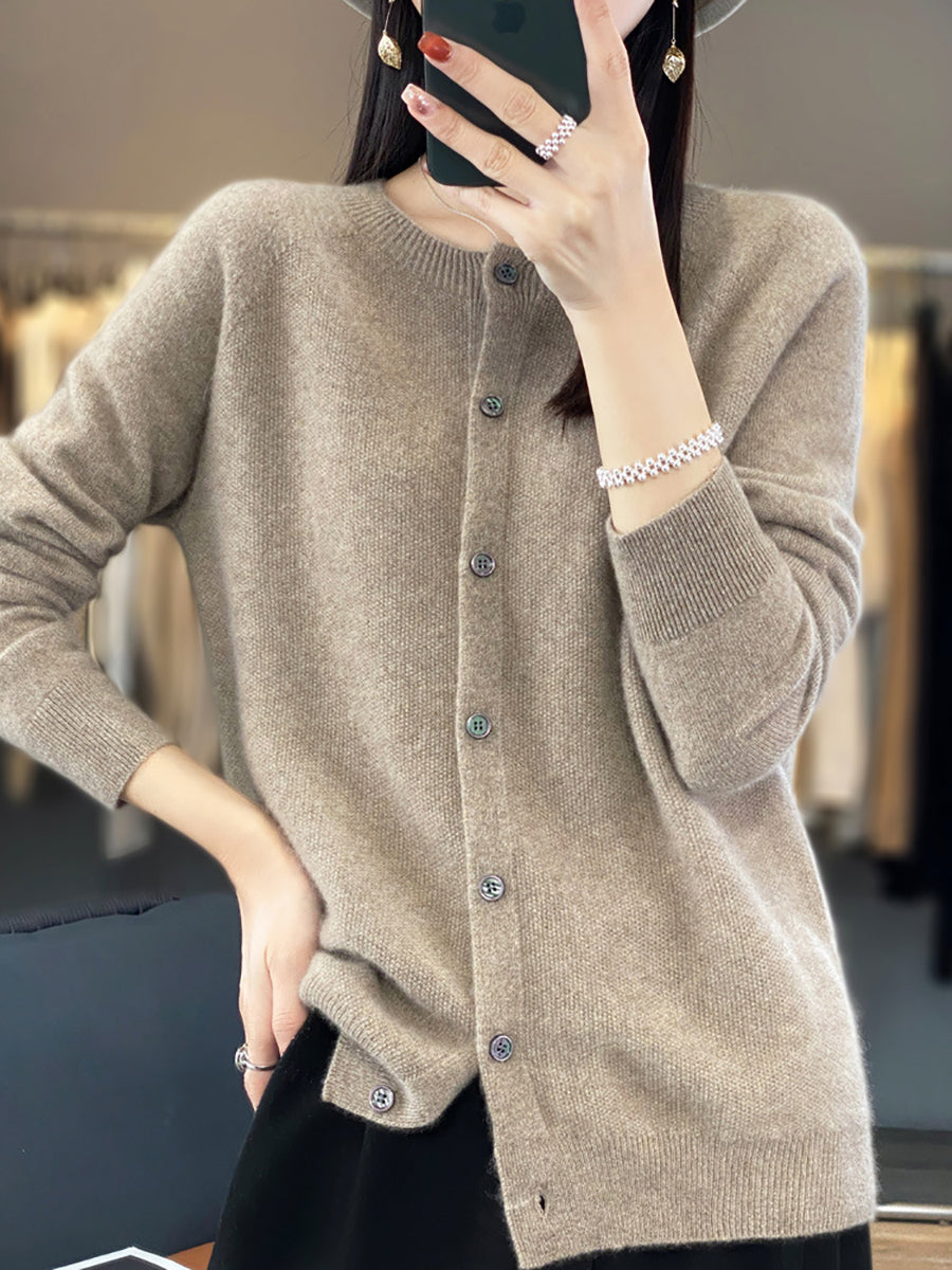 Women Autumn Wool O-Neck Cardigan Knit Sweater