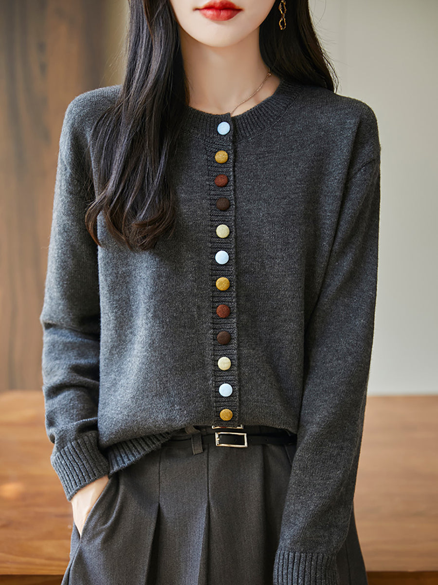 Women Autumn 100%Wool Colorful Button O-Neck Sweater