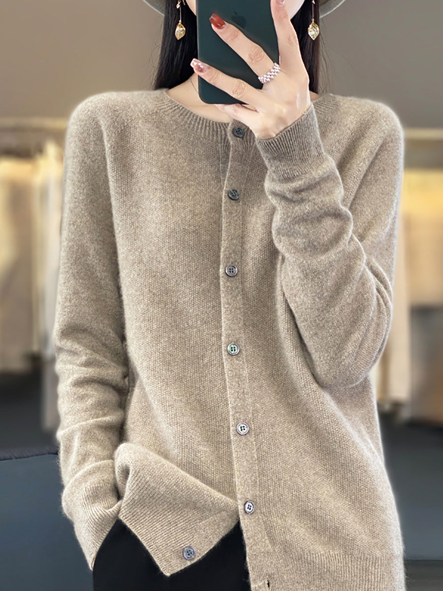 Women Autumn Wool O-Neck Cardigan Knit Sweater