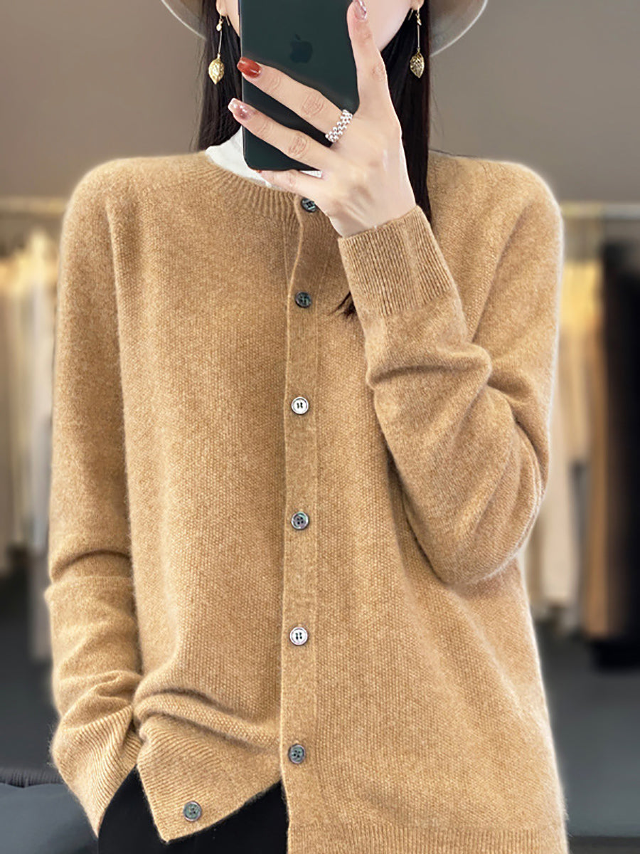 Women Autumn Wool O-Neck Cardigan Knit Sweater