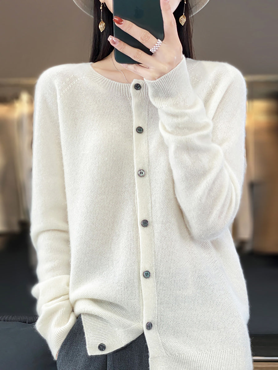 Women Autumn Wool O-Neck Cardigan Knit Sweater