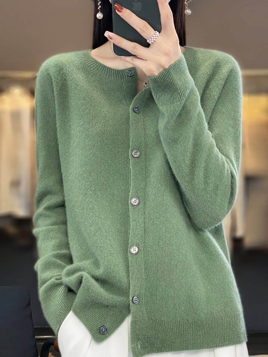 Women Autumn Wool O-Neck Cardigan Knit Sweater