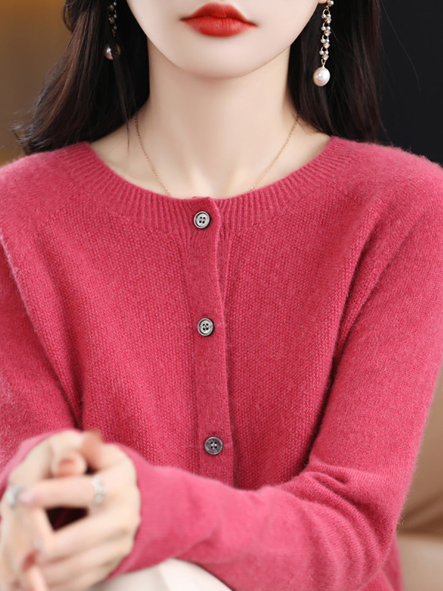 Women Autumn Wool O-Neck Cardigan Knit Sweater