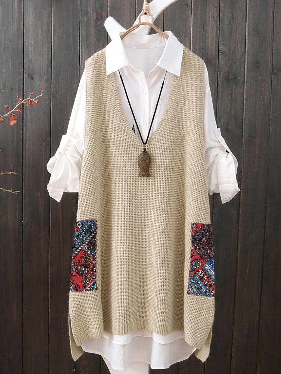 Women Ethnic V-Neck Loose Knitted Vest