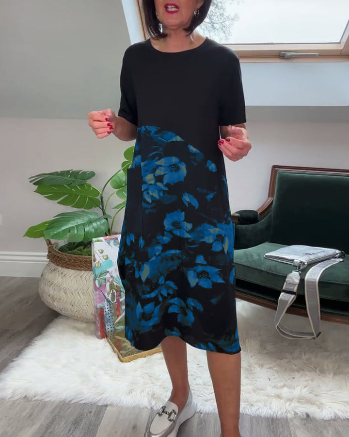 Robe patchwork décontractée avec col rond et imprimé floral