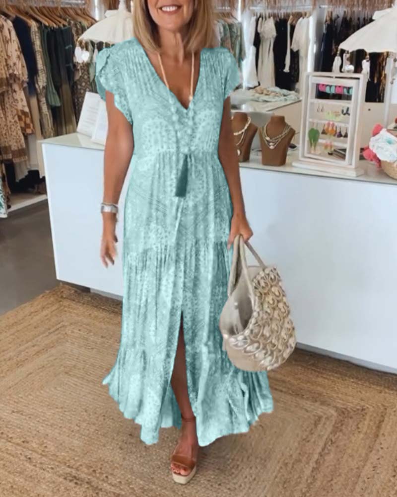 Robe avec décolleté en V et manches fendue en imprimé vacances