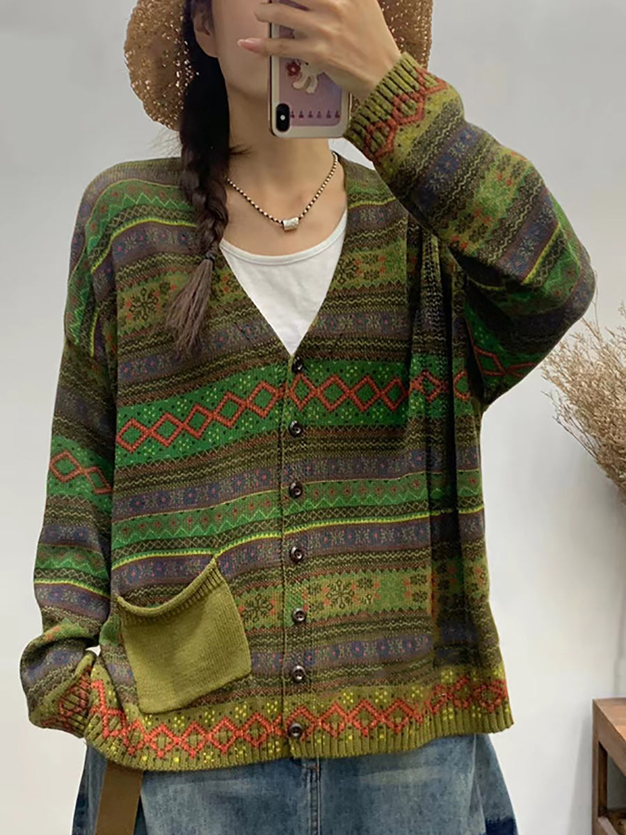 Pull V en tricot géométrique pour femmes automne