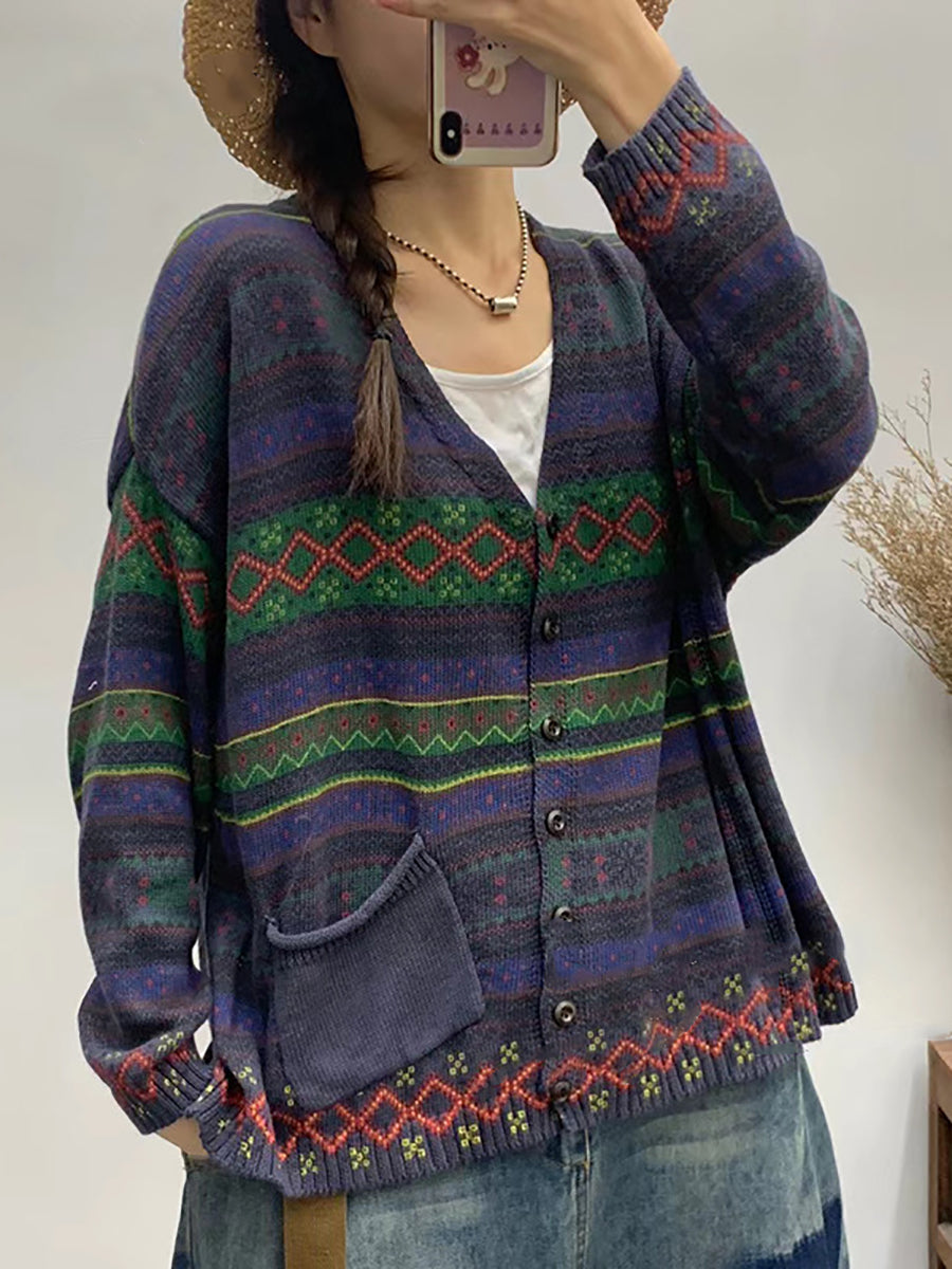 Women Autumn Geometric Knitted V-neck Sweater