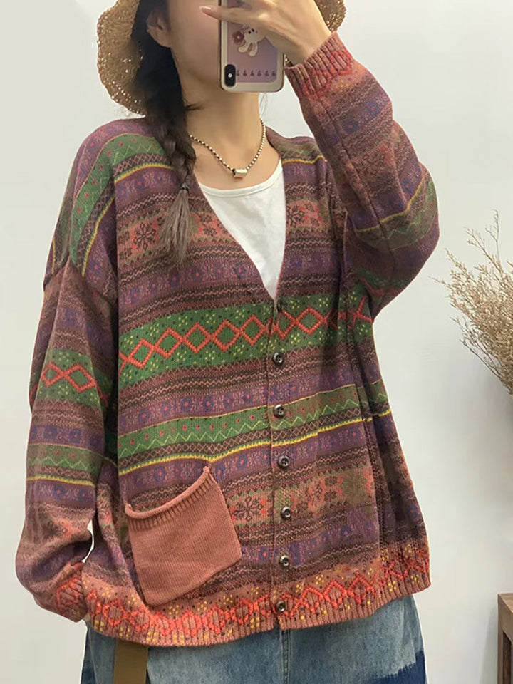 Women Autumn Geometric Knitted V-neck Sweater