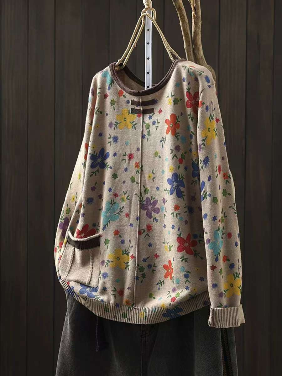 Pull O-Cou Tricot Fleurs Casual Automne Femme