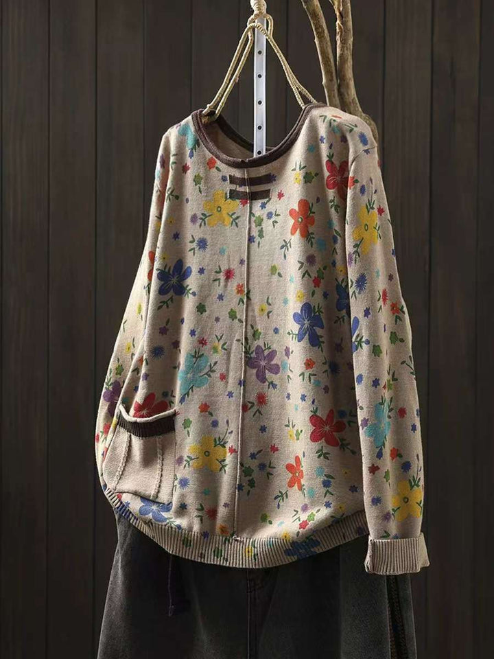 Pull O-Cou Tricot Fleurs Casual Automne Femme