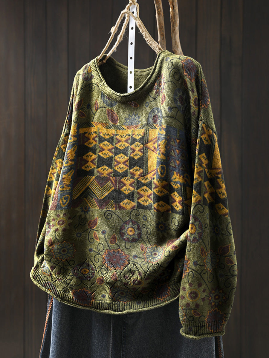 Women Autumn Ethnic Flower O-Neck Knit Sweater