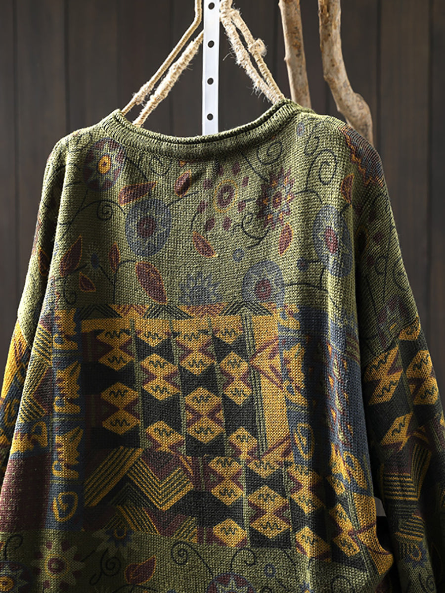 Women Autumn Ethnic Flower O-Neck Knit Sweater