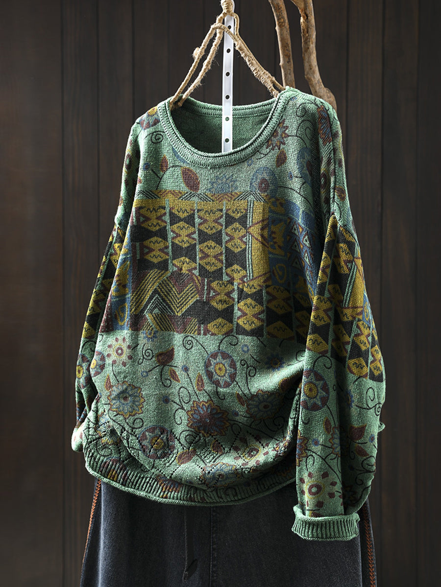 Women Autumn Ethnic Flower O-Neck Knit Sweater