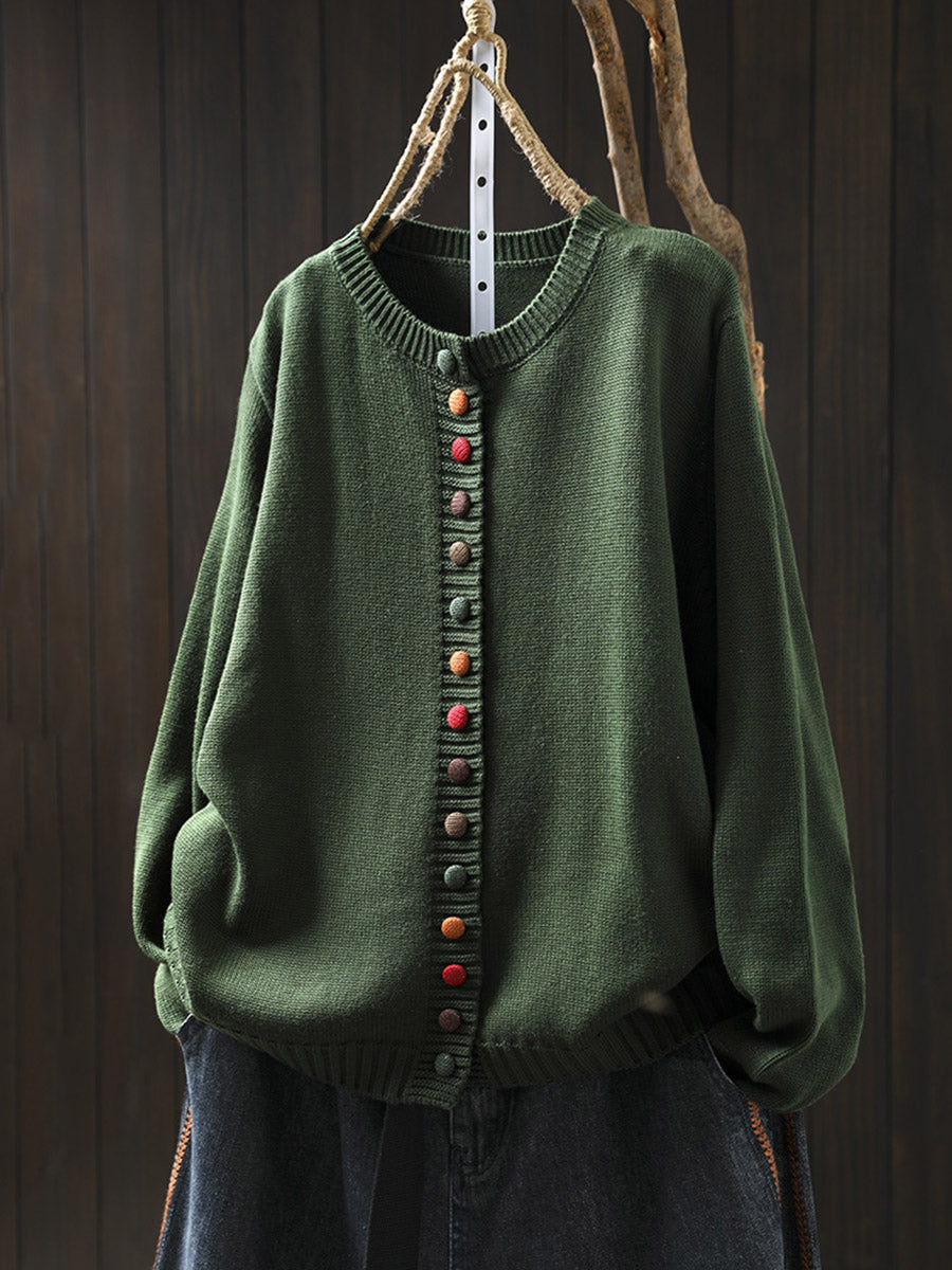 Women Autumn Artsy Colorful Button O-Neck Knit Sweater