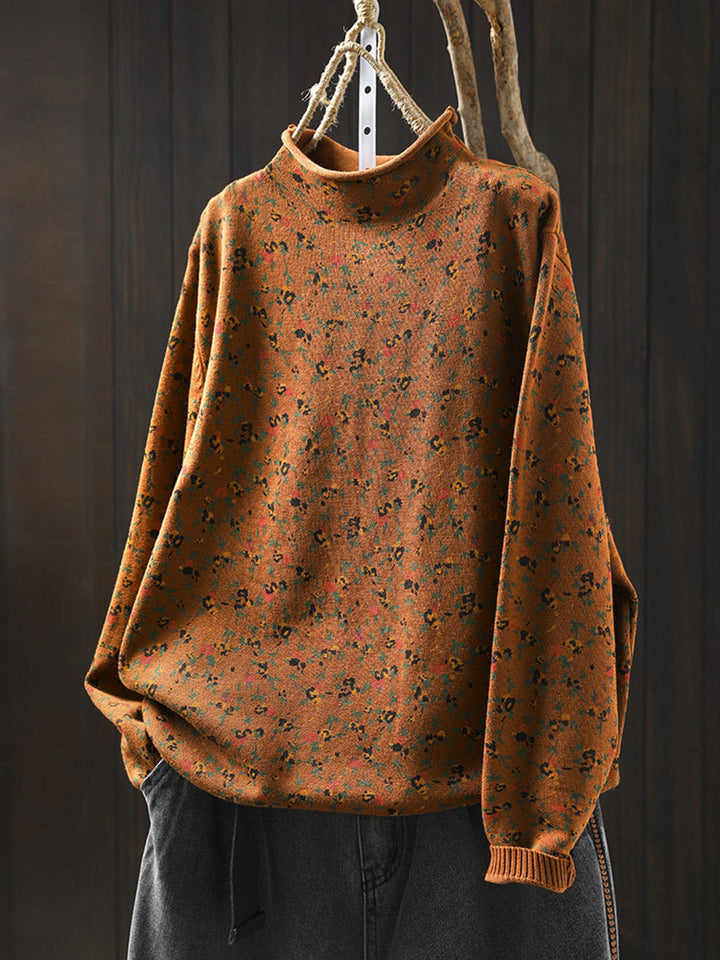 Pull en tricot à col roulé mi-haut floral artistique pour femmes automne