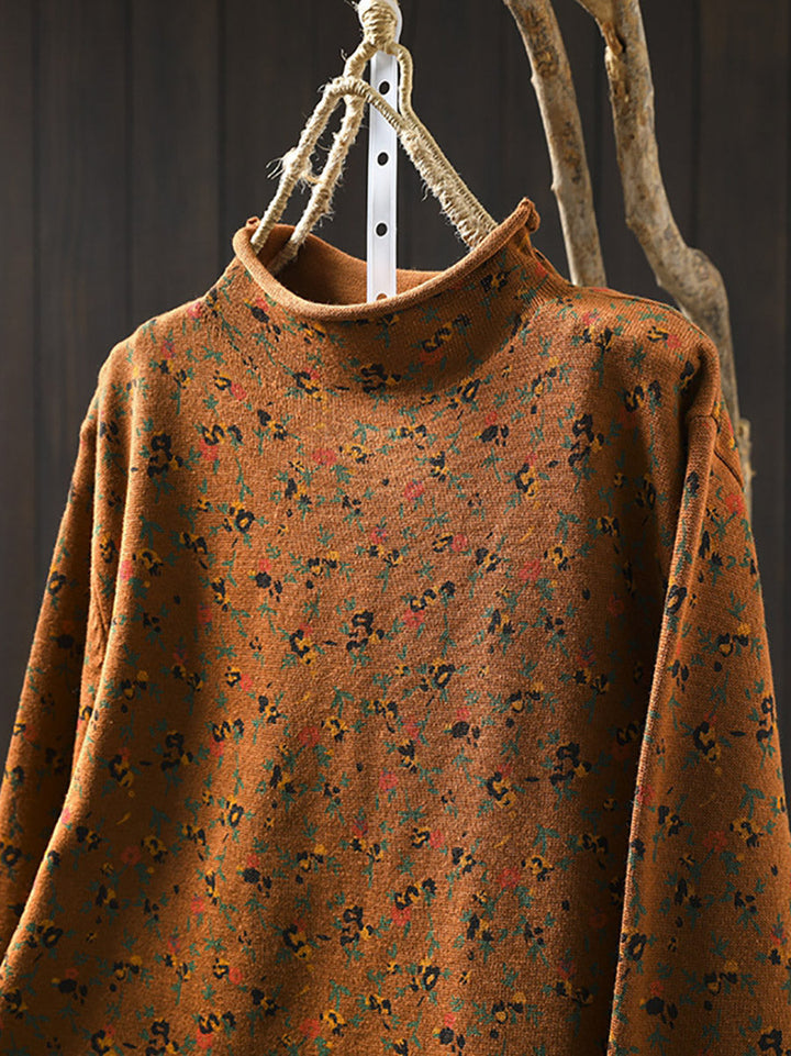 Pull en tricot à col roulé mi-haut floral artistique pour femmes automne