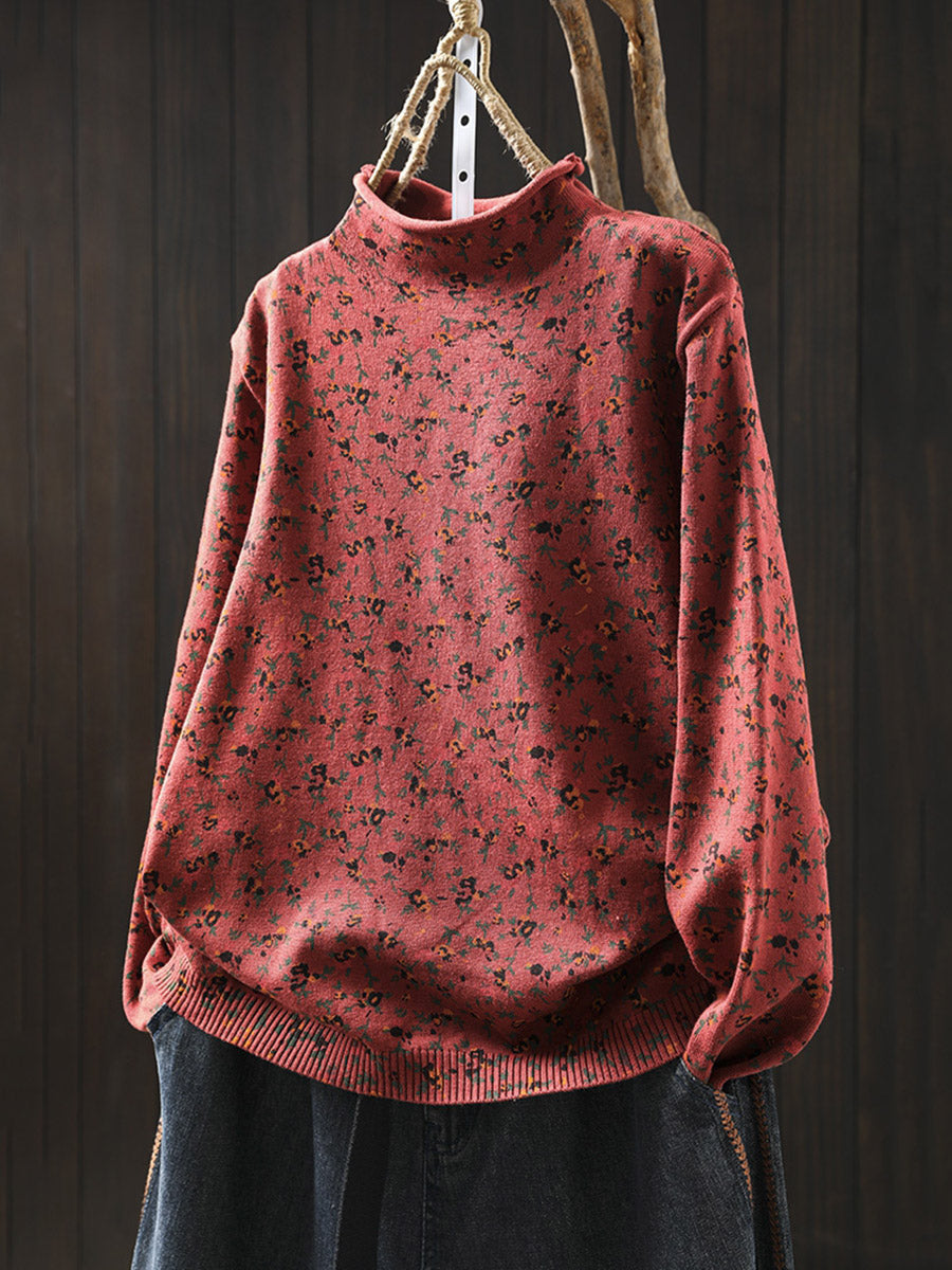 Pull en tricot à col roulé mi-haut floral artistique pour femmes automne