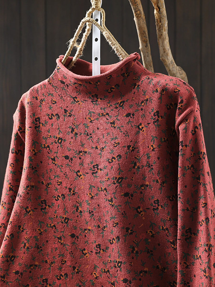 Pull en tricot à col roulé mi-haut floral artistique pour femmes automne