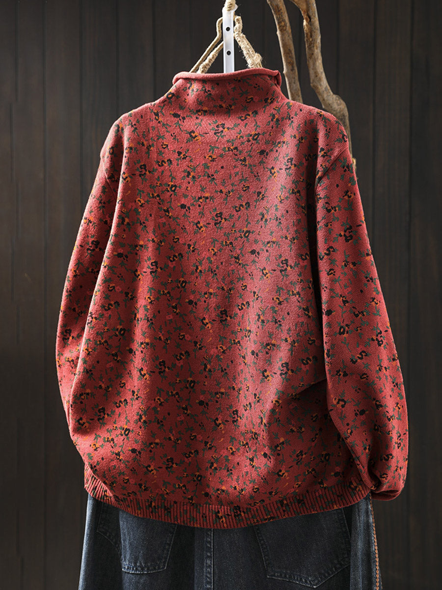 Pull en tricot à col roulé mi-haut floral artistique pour femmes automne