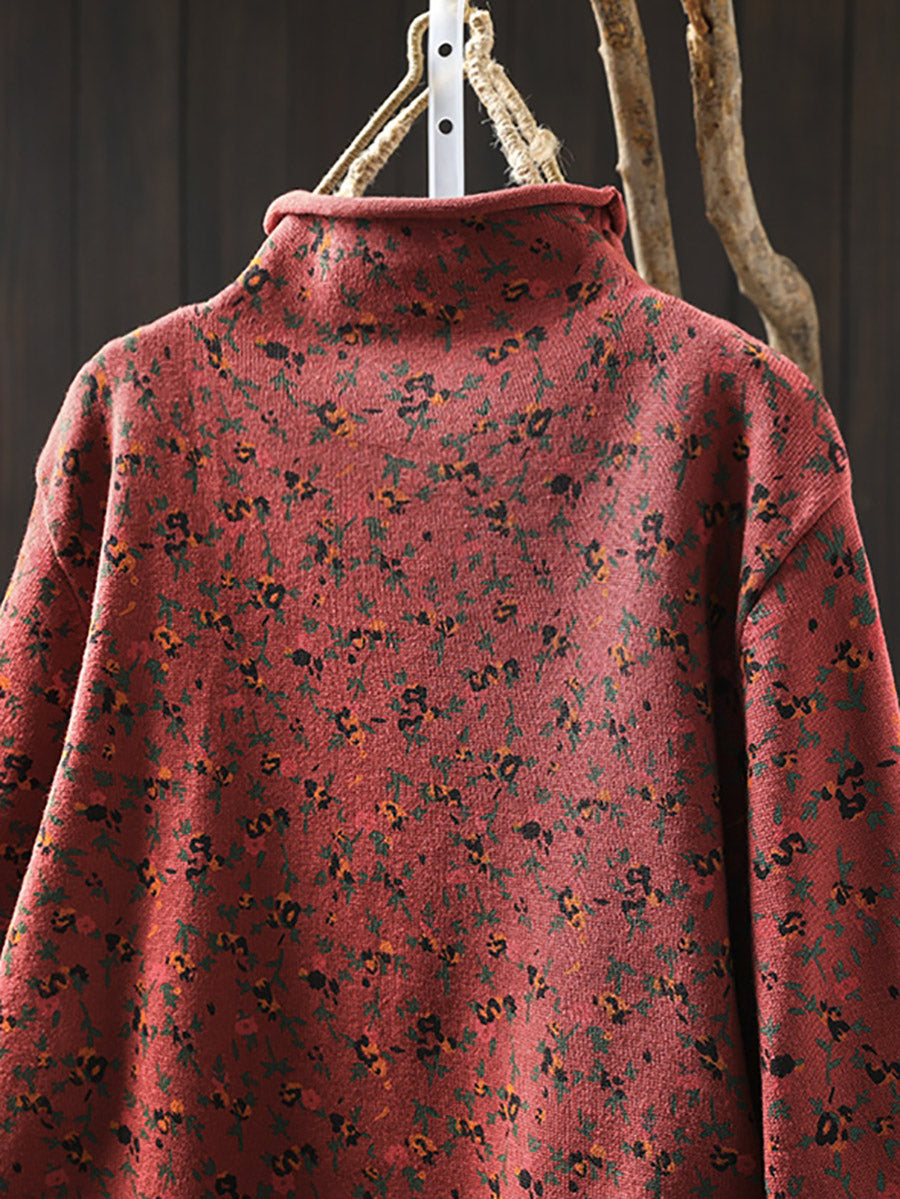 Pull en tricot à col roulé mi-haut floral artistique pour femmes automne