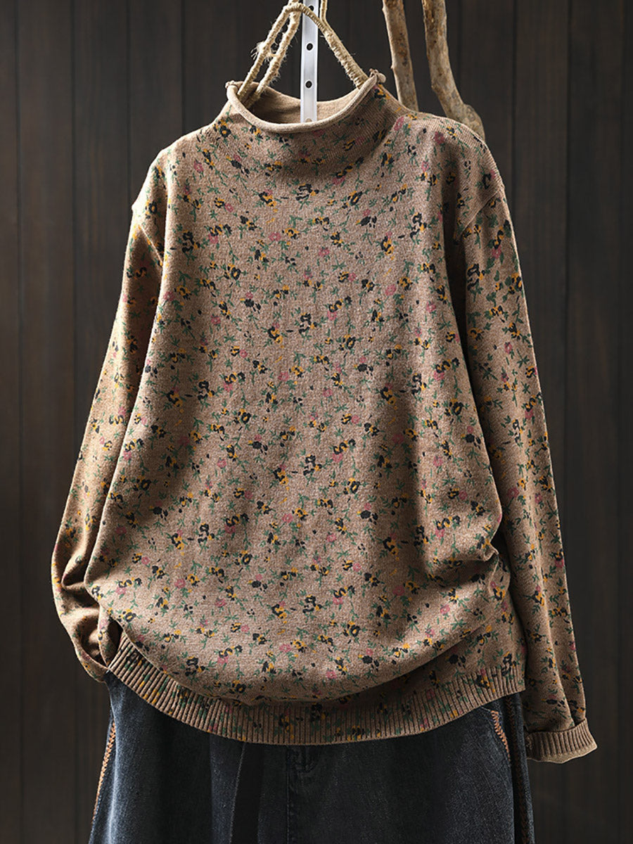 Pull en tricot à col roulé mi-haut floral artistique pour femmes automne