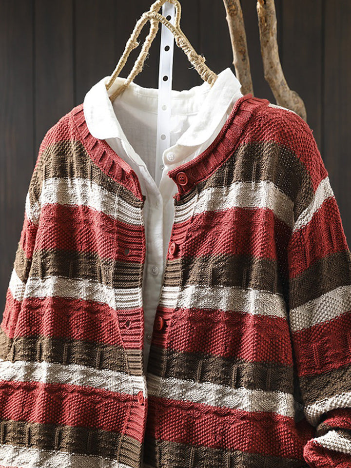 Women Autumn Colorblock Stripe O-Neck Cotton Sweater