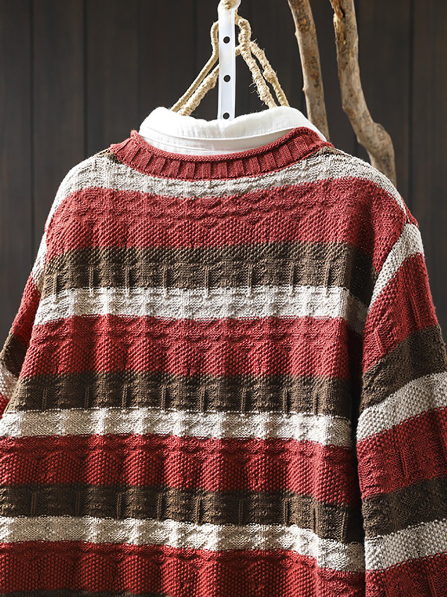 Women Autumn Colorblock Stripe O-Neck Cotton Sweater