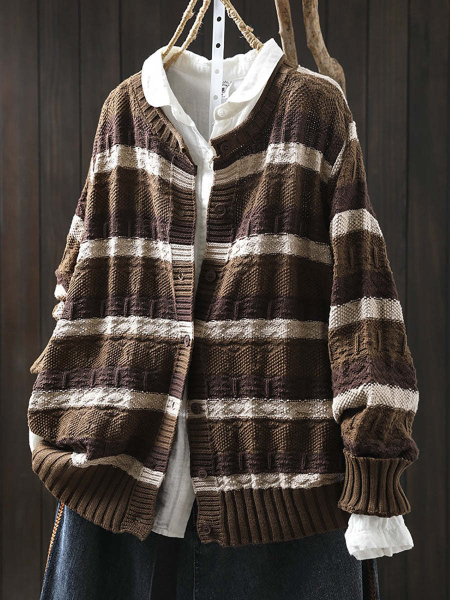 Women Autumn Colorblock Stripe O-Neck Cotton Sweater