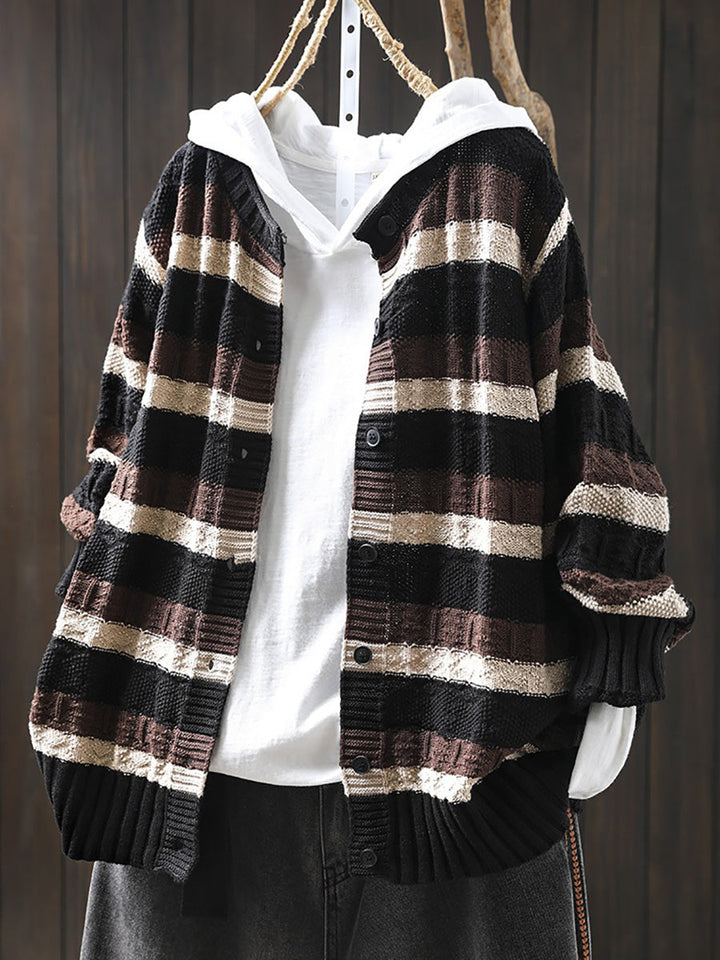 Women Autumn Colorblock Stripe O-Neck Cotton Sweater