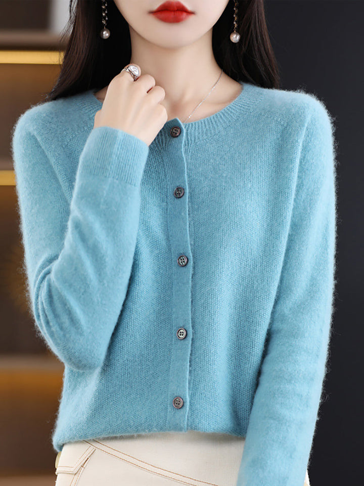 Women Autumn Wool O-Neck Cardigan Knit Sweater