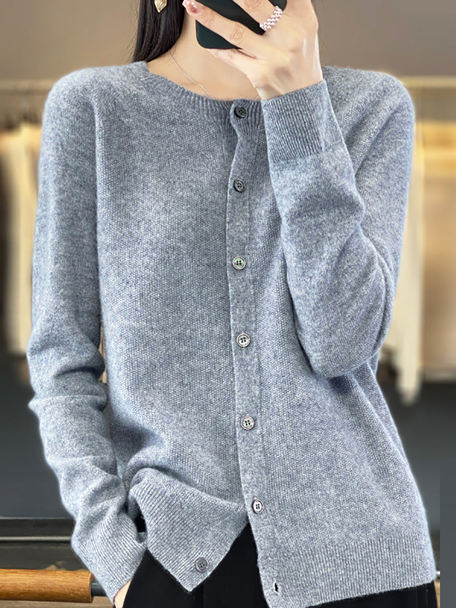 Women Autumn Wool O-Neck Cardigan Knit Sweater