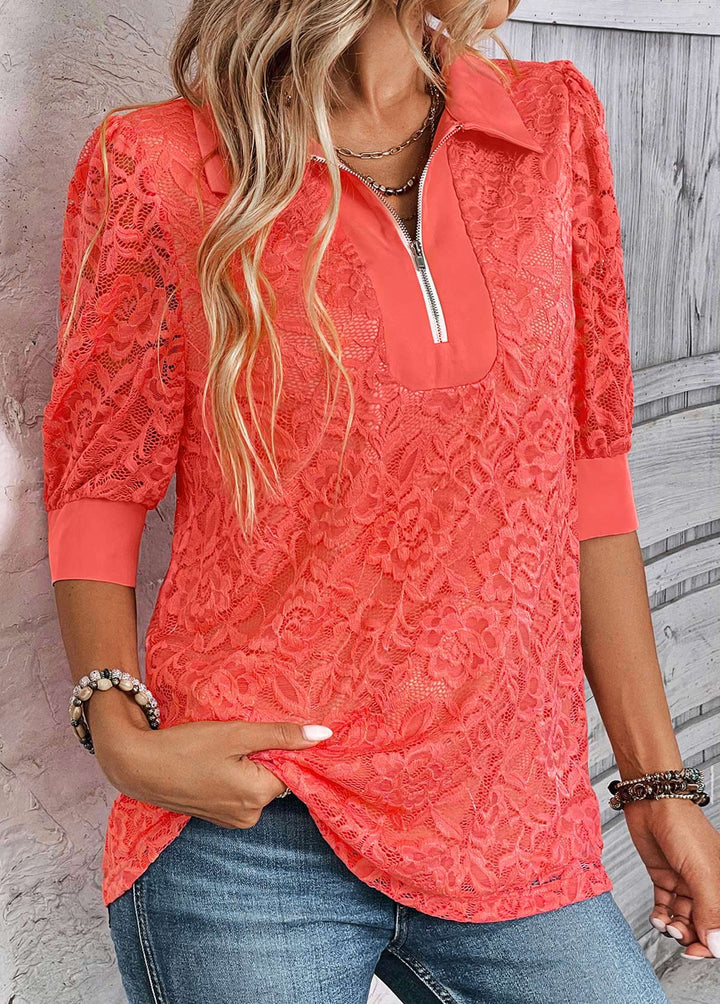 SALEMODLILY DESIGN
                                                        Coral Zipper Half Sleeve Shirt Collar Blouse