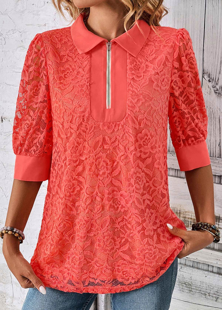 SALEMODLILY DESIGN
                                                        Coral Zipper Half Sleeve Shirt Collar Blouse