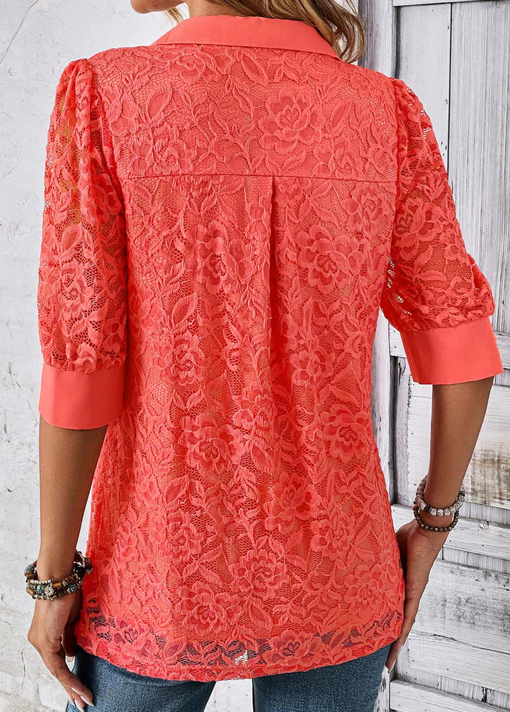 SALEMODLILY DESIGN
                                                        Coral Zipper Half Sleeve Shirt Collar Blouse