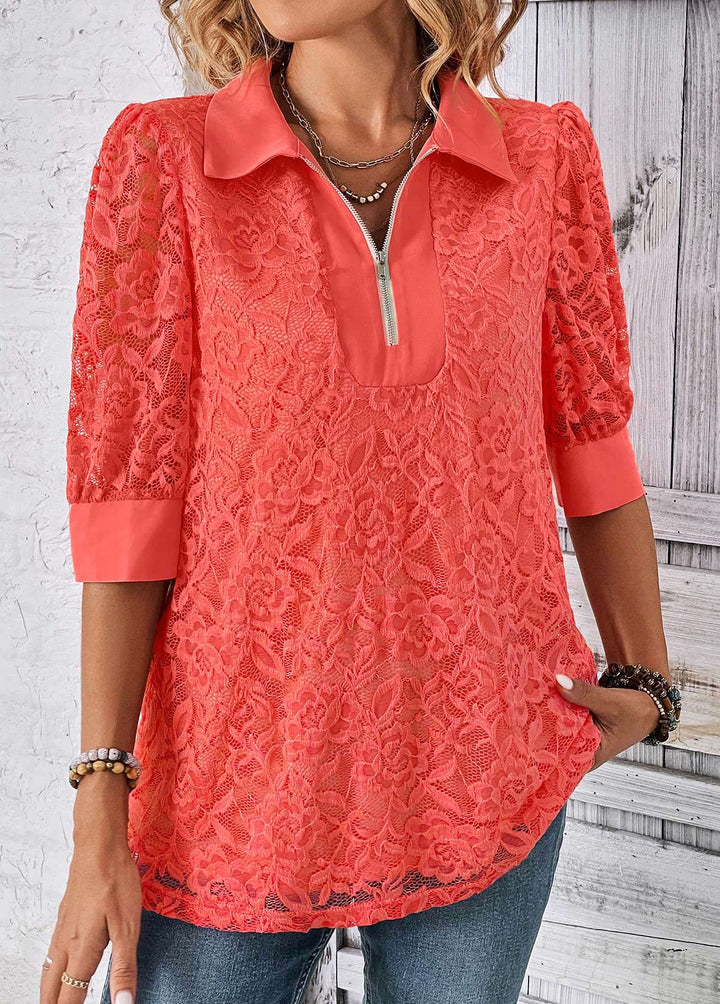 SALEMODLILY DESIGN
                                                        Coral Zipper Half Sleeve Shirt Collar Blouse