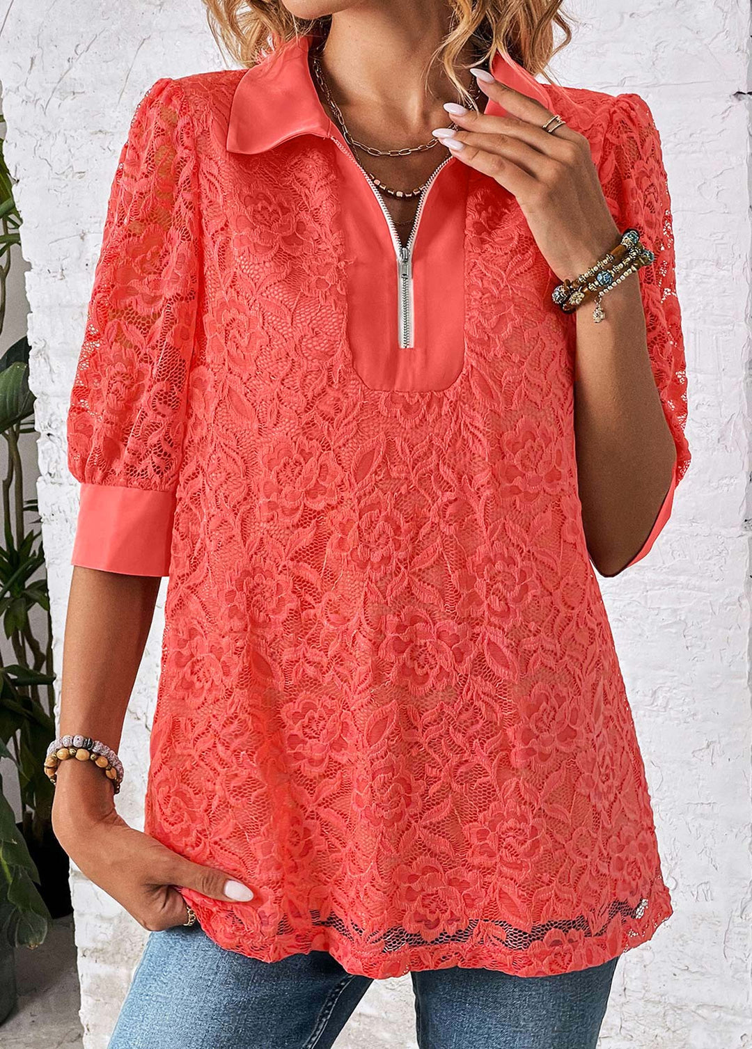 SALEMODLILY DESIGN
                                                        Coral Zipper Half Sleeve Shirt Collar Blouse