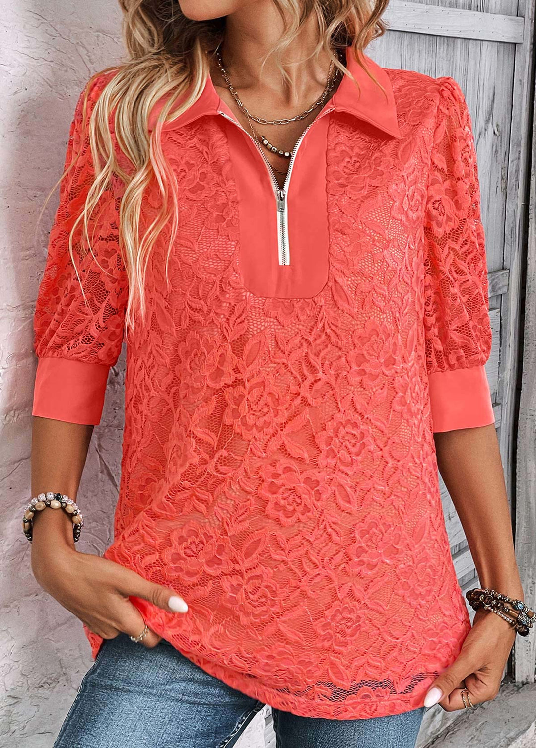 SALEMODLILY DESIGN
                                                        Coral Zipper Half Sleeve Shirt Collar Blouse