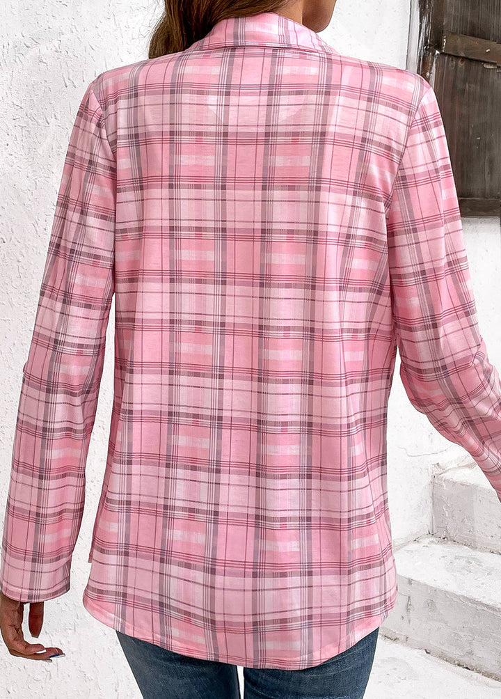 MODLILY DESIGN
                                                        Pink Button Plaid Long Sleeve Shirt Collar Blouse