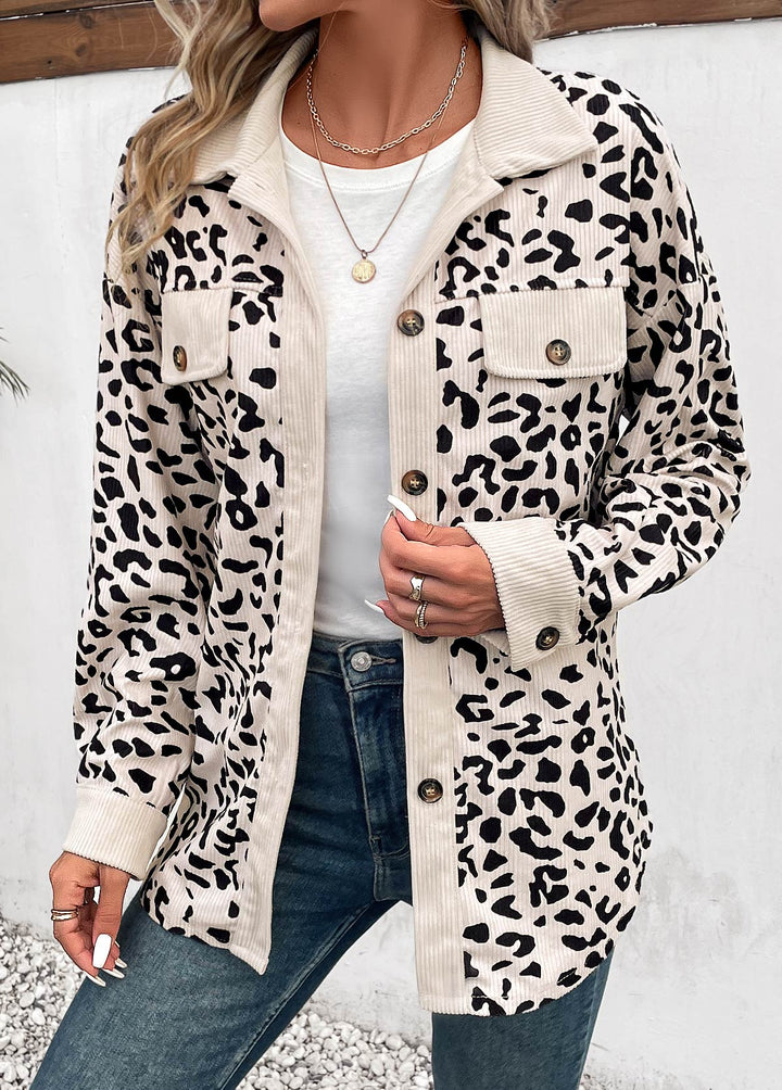 MODLILY DESIGN
                                                        Beige Patchwork Leopard Long Sleeve Shirt Collar Coat