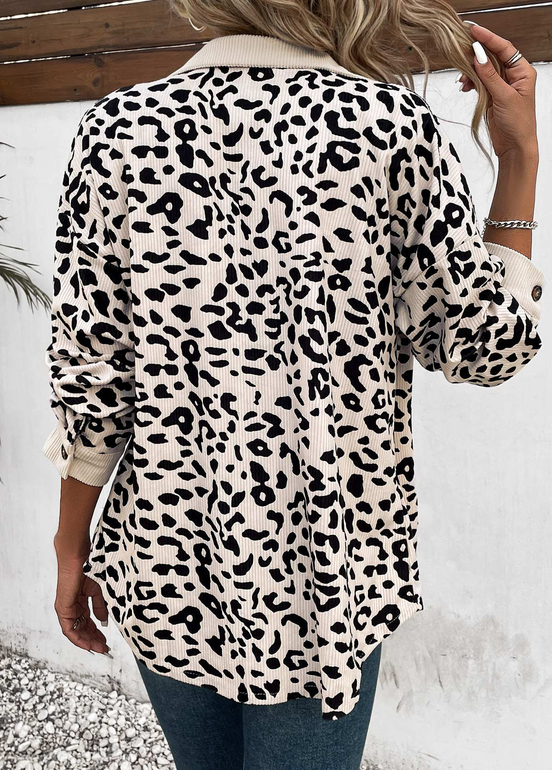 MODLILY DESIGN
                                                        Beige Patchwork Leopard Long Sleeve Shirt Collar Coat