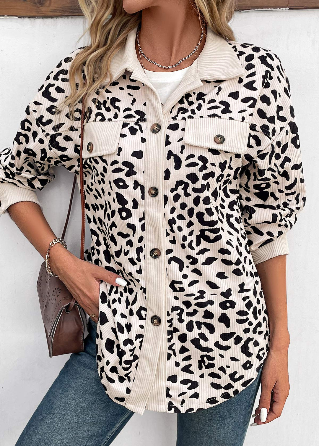 MODLILY DESIGN
                                                        Beige Patchwork Leopard Long Sleeve Shirt Collar Coat