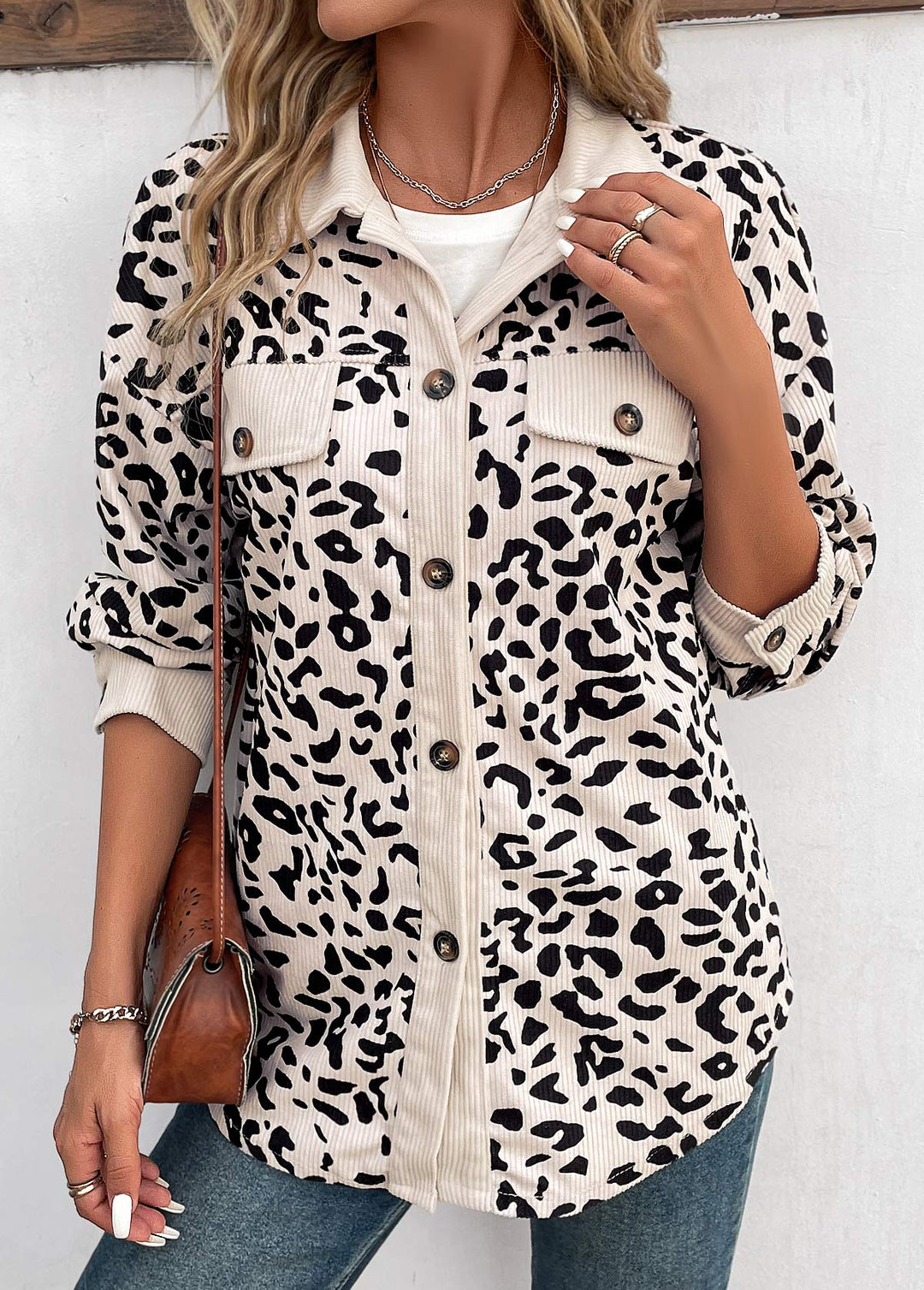 MODLILY DESIGN
                                                        Beige Patchwork Leopard Long Sleeve Shirt Collar Coat