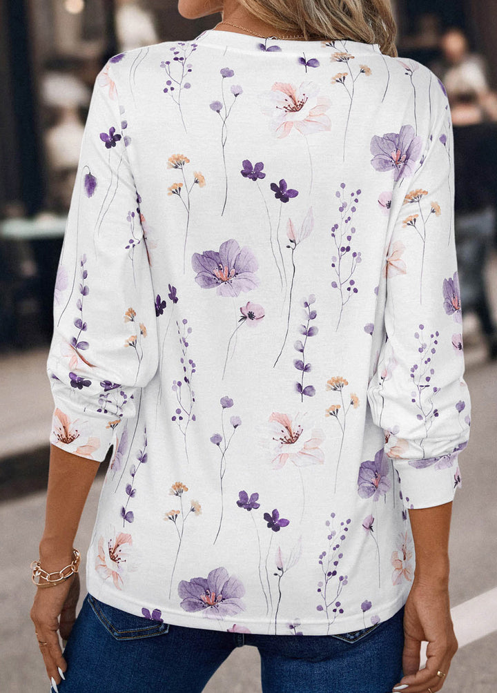 MODLILY DESIGN
                                                        White Button Floral Print Long Sleeve T Shirt