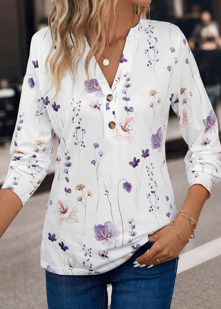 MODLILY DESIGN
                                                        White Button Floral Print Long Sleeve T Shirt