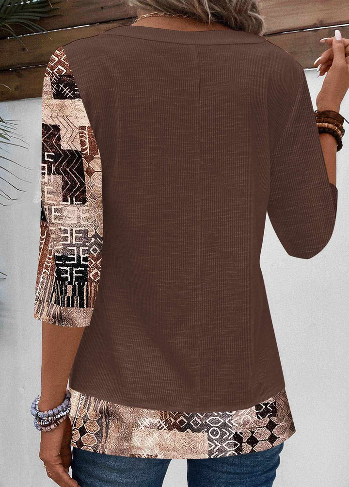 MODLILY®
                                                        Light Coffee Patchwork Geometric Print T Shirt