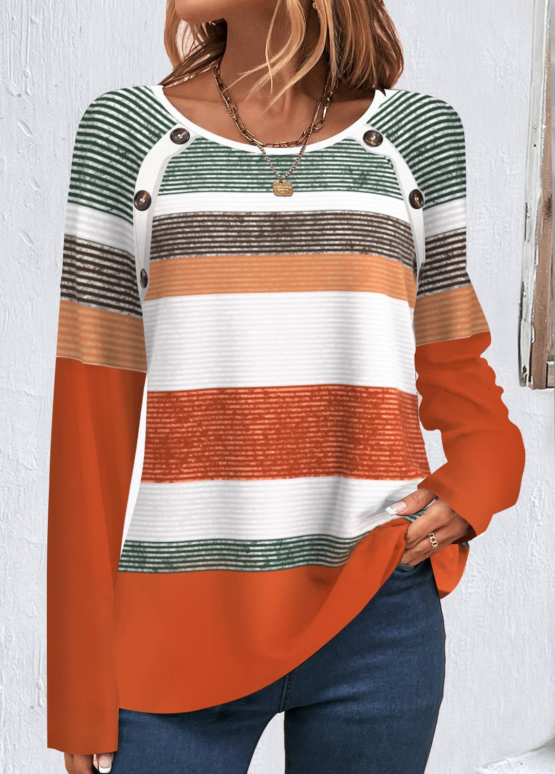 SALEMODLILY®
                                                        Orange Button Multi Stripe Print T Shirt