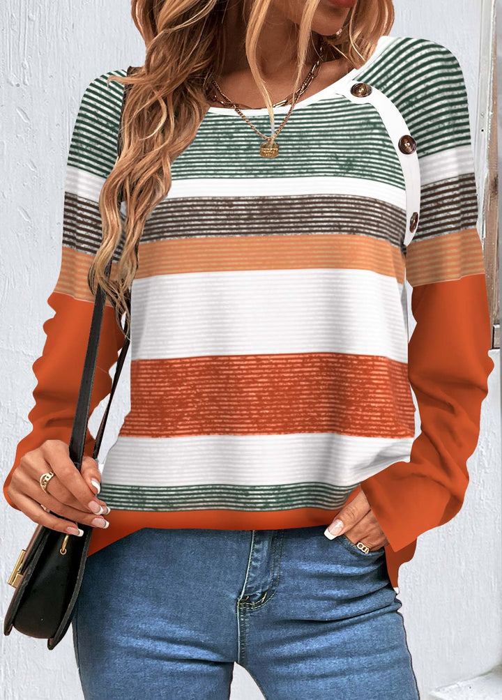 SALEMODLILY®
                                                        Orange Button Multi Stripe Print T Shirt