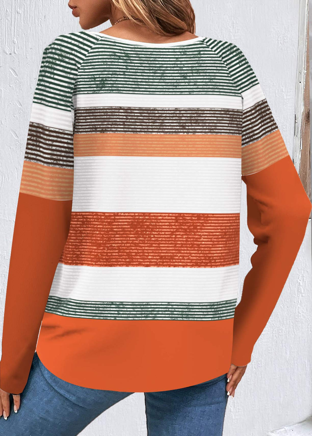 SALEMODLILY®
                                                        Orange Button Multi Stripe Print T Shirt