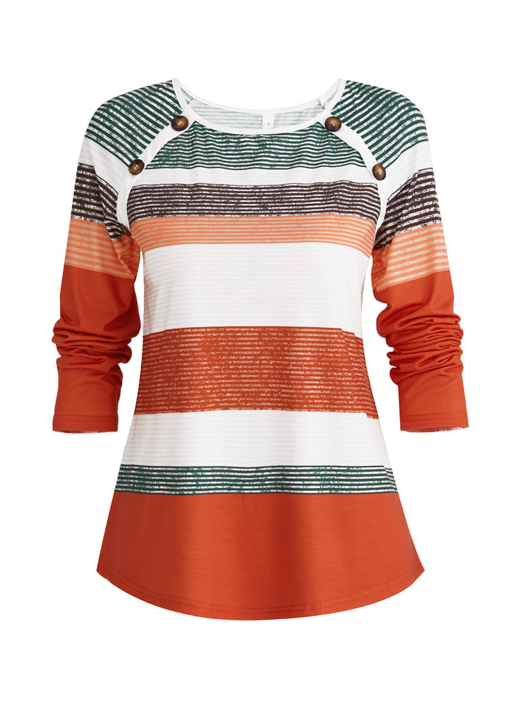 SALEMODLILY®
                                                        Orange Button Multi Stripe Print T Shirt